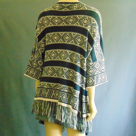 Velvet by Graham & Spencer Navy White Cotton Linen Fringed Open Kimono Jacket M - Picture 8 of 9